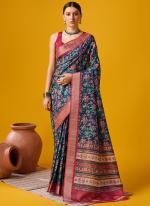 Cotton Nile Blue Festival Wear Floral Print Saree